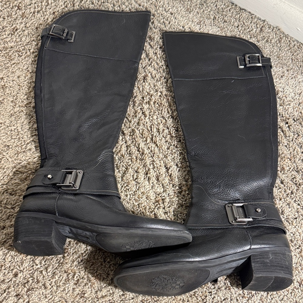 Vince Camuto Black Leather Boots with Buckle Detail